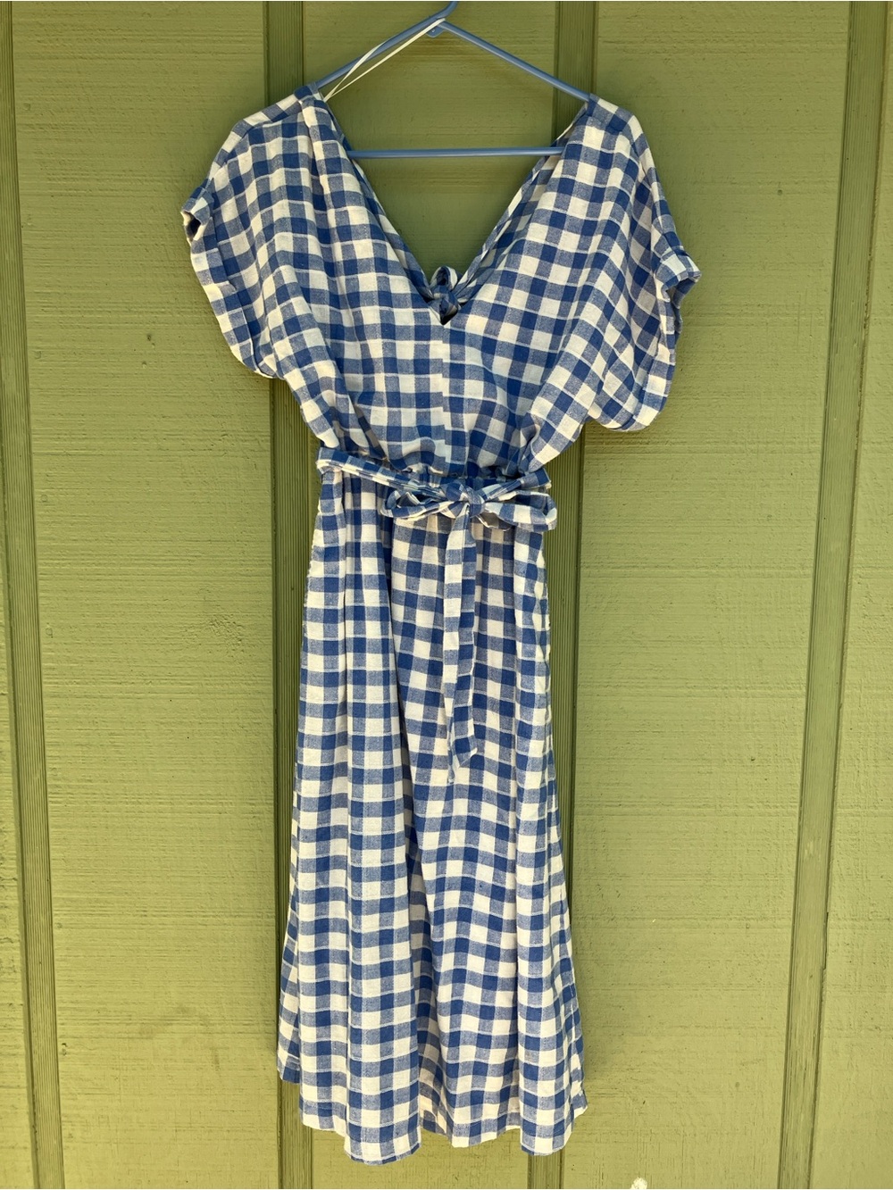 Blue and White Gingham Tie-Waist Midi Dress
